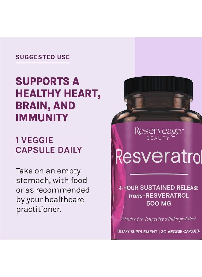 Reserveage Beauty Resveratrol 500Mg 4-Hours Sustained Release Trans-Resveratrol For Intensive Pro-Longevity Cellular Protection Gluten Free Vegan 60 Veggie Capsules