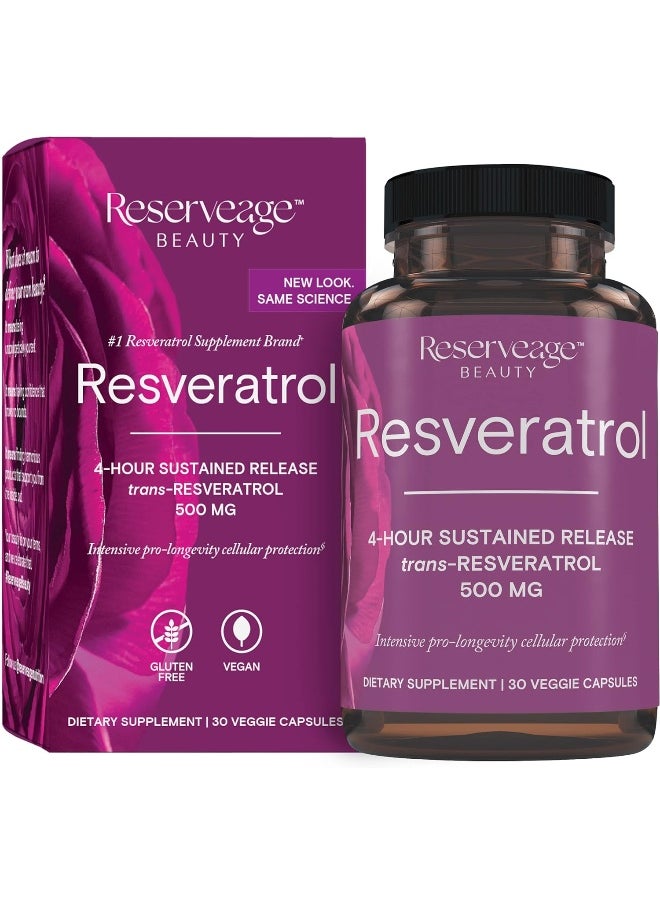 Reserveage Beauty Resveratrol 500Mg 4-Hours Sustained Release Trans-Resveratrol For Intensive Pro-Longevity Cellular Protection Gluten Free Vegan 60 Veggie Capsules