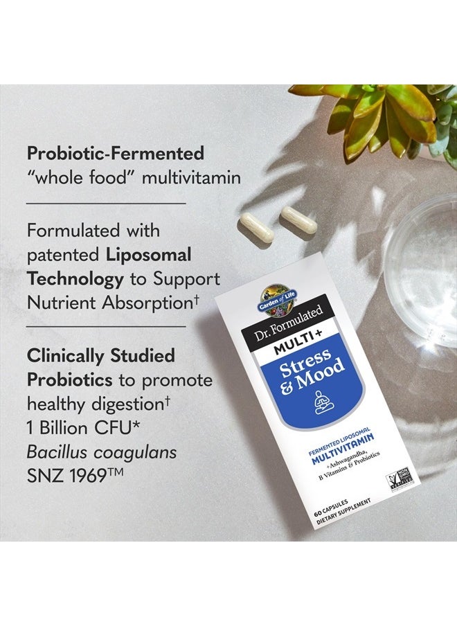 Dr. Formulated Multi+ Stress & Mood, Fermented Liposomal Multivitamin + Ashwagandha, B Vitamins & Probiotics - 60 Capsules, Whole Food Vitamin & Mineral Supplement