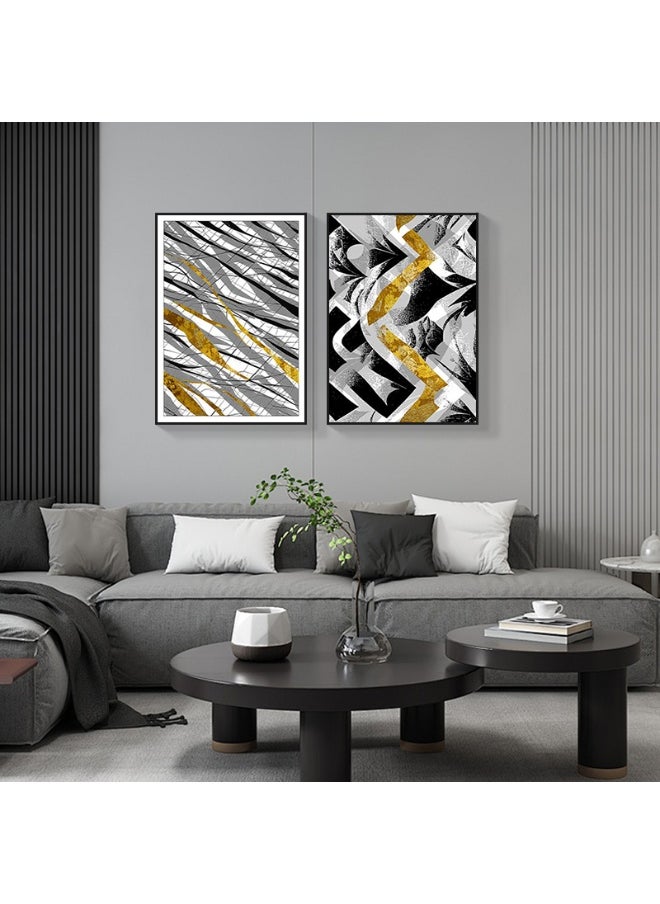 Golden Streaks Duo Abstract Set Of 2 Alloy Matt - Black Frame Wall Art