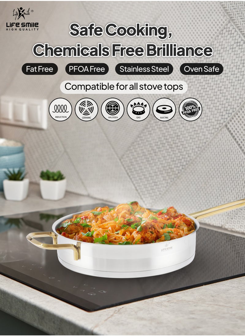 24cm (2.1 Liter) LIFE SMILE Frying pan with Lid - 18/10 Pure Stainless Steel - Thick Induction Base Fry Pan - Non-Toxic, 100% PFOA, PTFE & PFOS Free - Oven Safe Saute Pan