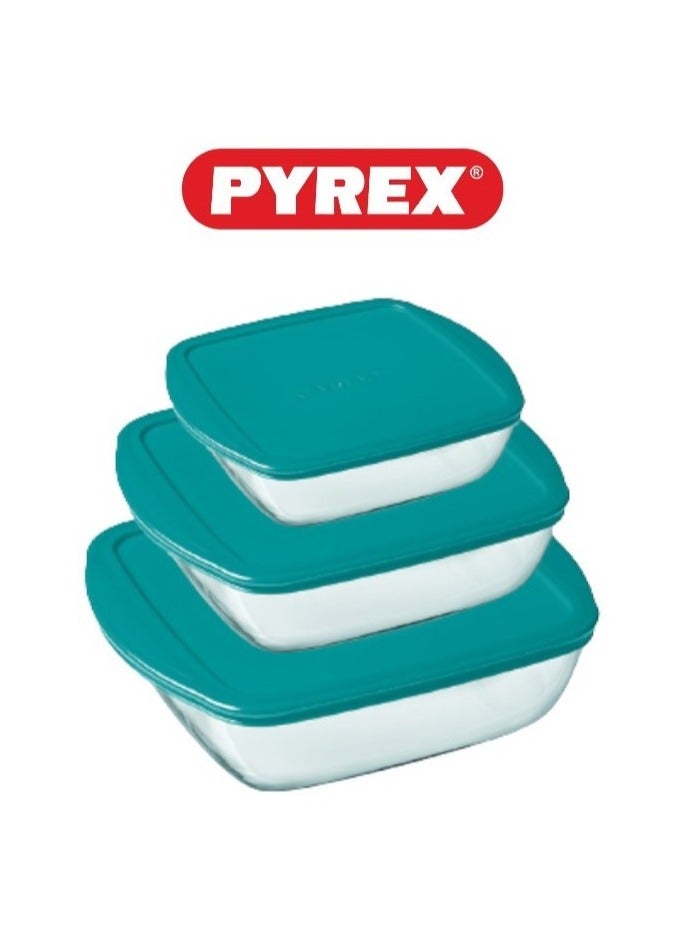 Pyrex Cook & Store Set of 3 Rectangular Dishes with Dark Green Lids - Versatile and Durable Storage Solution