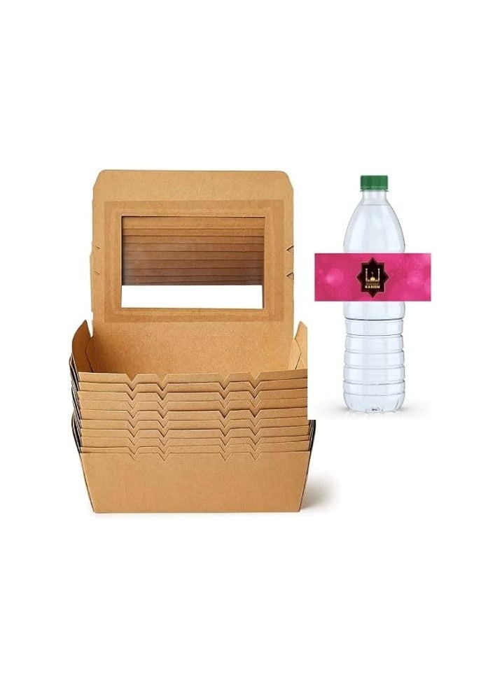 Pack Of 10 Eco-Friendly Ramadan Meal Packaging Set-Brown Kraft Takeout Boxes With Iftar Design And Water Bottle Stickers For Festive Ramadan Celebrations-Ramadan Snack Box