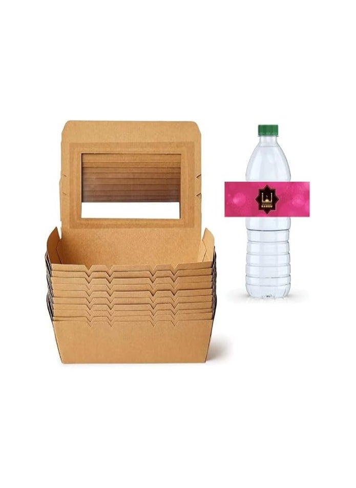 Pack Of 10 Eco-Friendly Ramadan Meal Packaging Set-Brown Kraft Takeout Boxes With Iftar Design And Water Bottle Stickers For Festive Ramadan Celebrations-Ramadan Snack Box