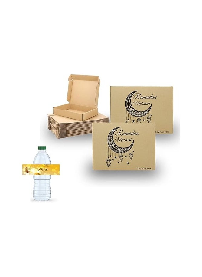 Pack Of 10 Eco-Friendly Ramadan Meal Packaging Set-Brown Kraft Takeout Boxes With Iftar Design And Water Bottle Stickers For Festive Ramadan Celebrations-Ramadan Snack Box