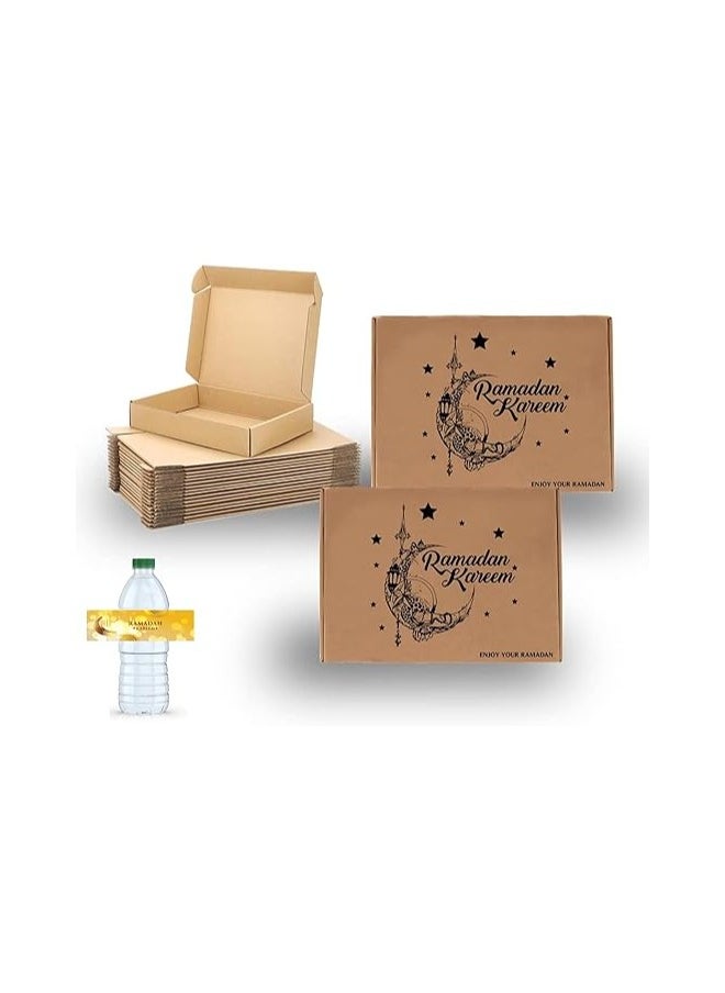 Pack Of 10 Eco-Friendly Ramadan Meal Packaging Set-Brown Kraft Takeout Boxes With Iftar Design And Water Bottle Stickers For Festive Ramadan Celebrations-Ramadan Snack Box