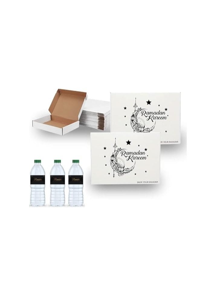 Pack Of 10 Eco-Friendly Ramadan Meal Packaging Set-Brown Kraft Takeout Boxes With Iftar Design And Water Bottle Stickers For Festive Ramadan Celebrations-Ramadan Snack Box