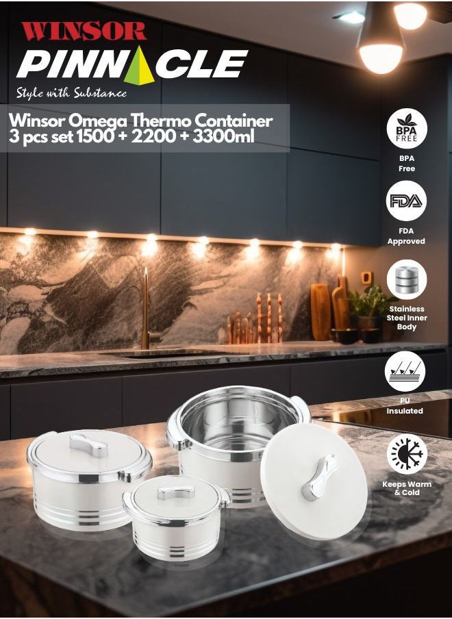 Winsor Omega Thermo Container 3 pcs set 1500 + 2200 + 3300m | Hot Pot Stainless Steel Casserole Set | Insulated Food Warmer Set Perfect for your Dining Table - Silver