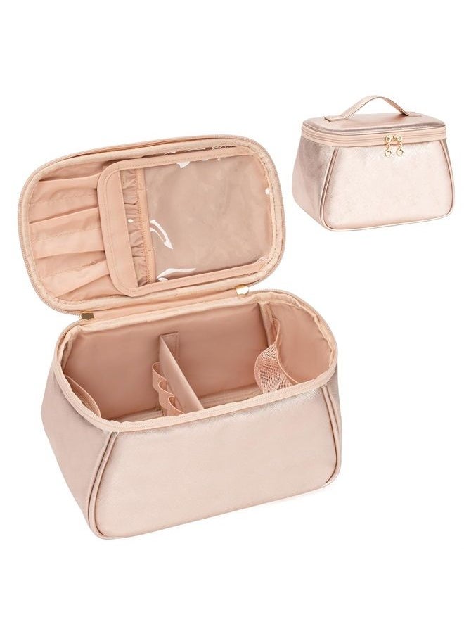 Large Makeup Bag, Makeup Bag Organizer Cosmetic Bags for Women Travel Travel Toiletry Bag Make Up Bag with Divider and Handle for Cosmetics Toiletries Brushes Tools Storage -Rose Gold