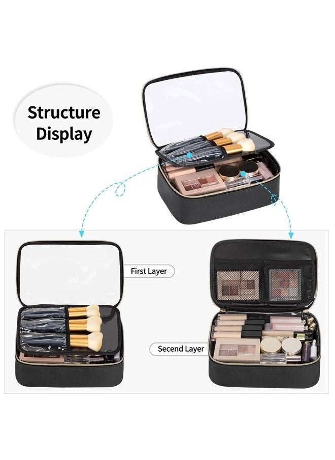 Clear Makeup Bag, Portable Makeup Storage Organizer Cosmetic Bag, Travel Makeup Bag Cute Clear Pouch For Women and Girls Cosmetics Bags with Divider Makeup Brush Compartment-Black PU Large