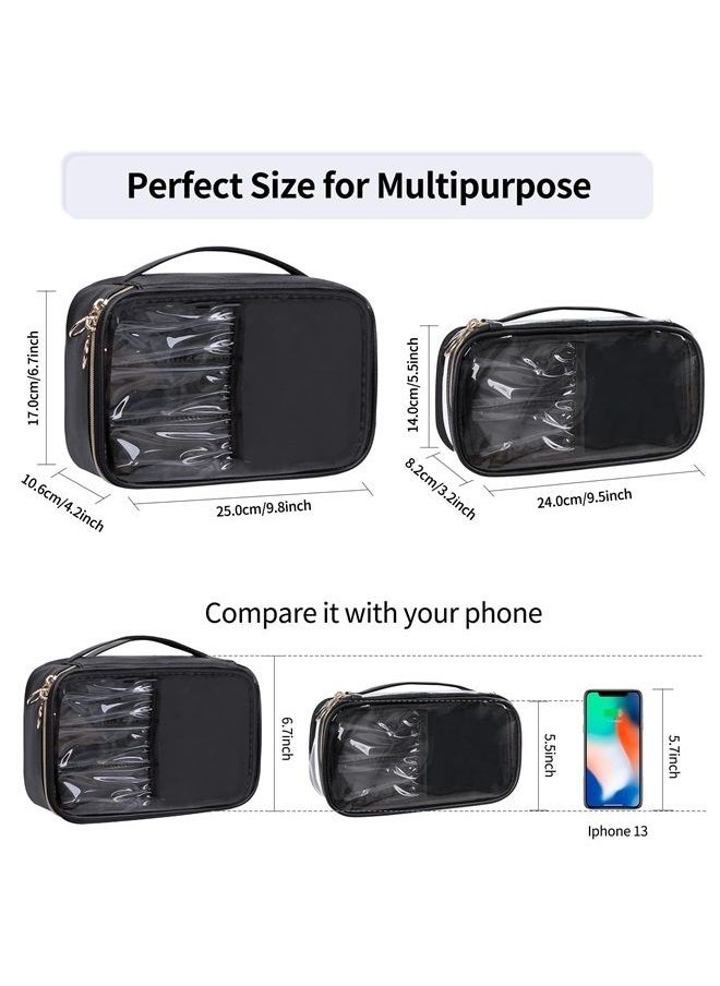 Clear Makeup Bag, Portable Makeup Storage Organizer Cosmetic Bag, Travel Makeup Bag Cute Clear Pouch For Women and Girls Cosmetics Bags with Divider Makeup Brush Compartment-Black PU Large