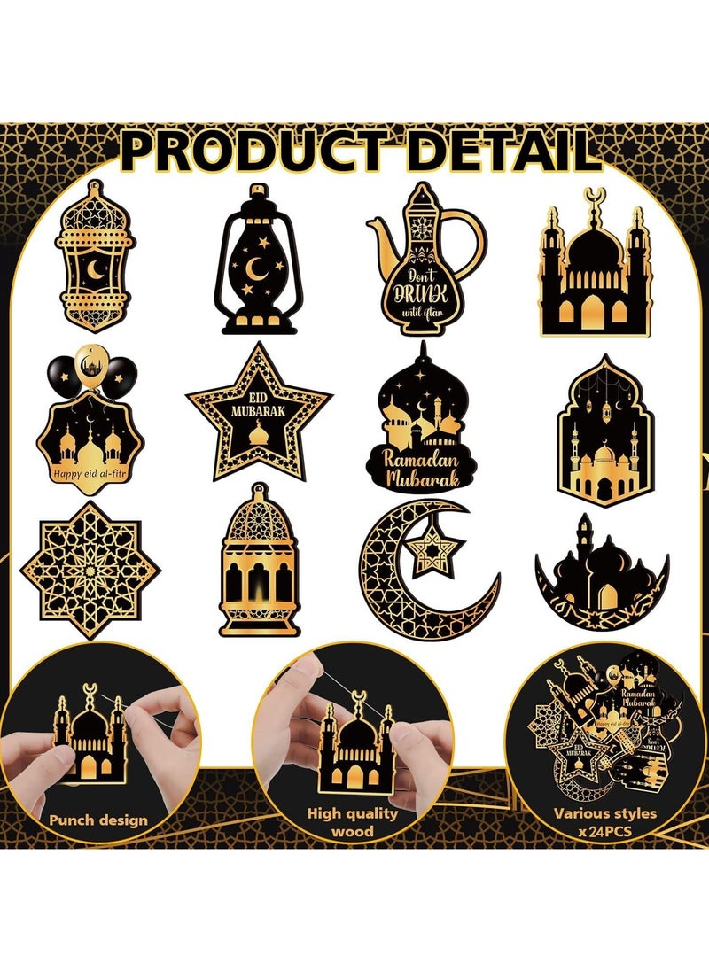 Ramadan Decorations for Home，24PCS Wooden Ramadan Ornaments, Ramadan Mubarak Party Wall Decorations Moon Star, Wooden Hanging Ornaments for Window Trees Decor