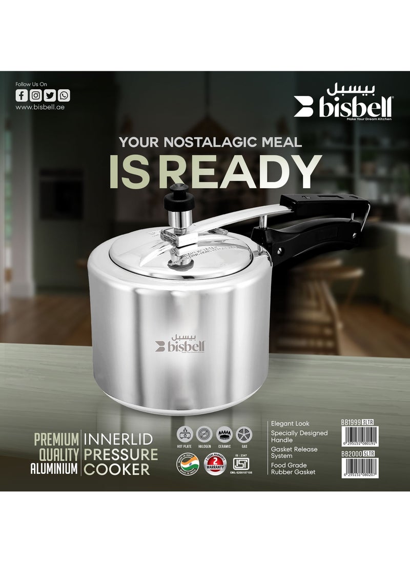 3Liters Bisbell  3Liters Premium Aluminium Inner Lid Pressure Cooker, 3L, Induction Base, Safety Valve, Black Handle,BB1999 Silver Silver