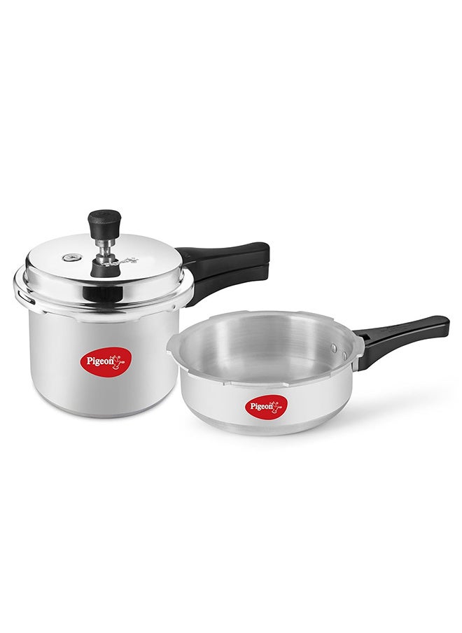 Pigeon by Stovekraft Mini Combi Aluminium Pressure Outer Lid Cooker Set, 2 and 3 Litres with Common Lid (12610) - Silver