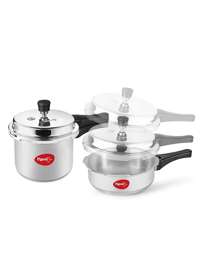 Pigeon by Stovekraft Mini Combi Aluminium Pressure Outer Lid Cooker Set, 2 and 3 Litres with Common Lid (12610) - Silver