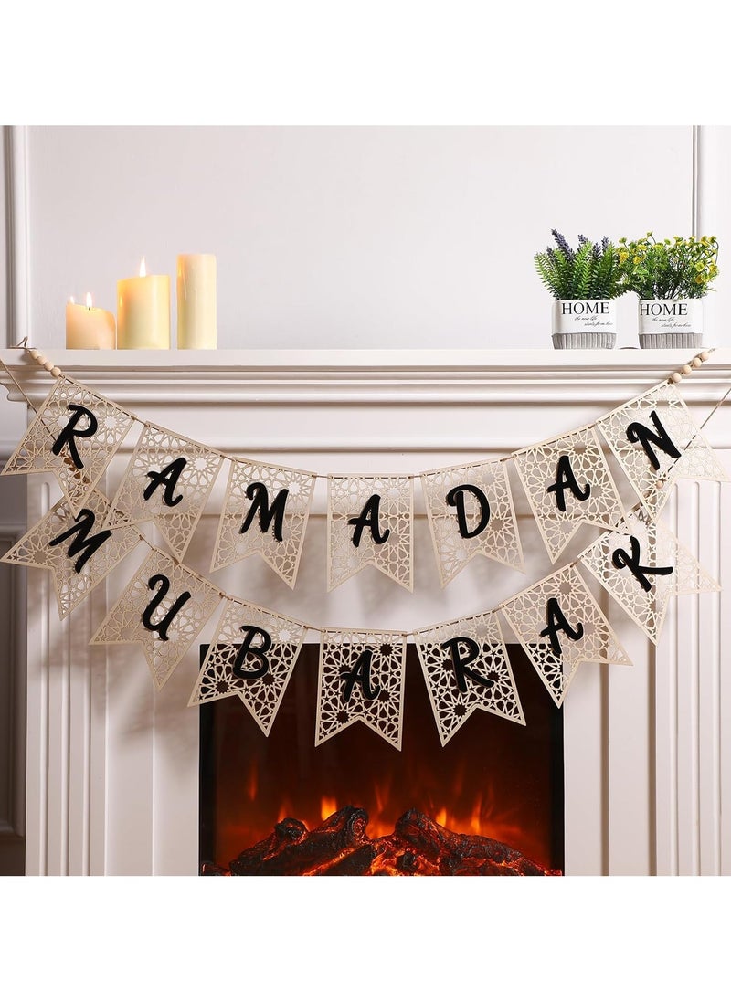 2 Pcs Eid Ramadan Mubarak Banner Wooden Ramadan Mubarak Decoration Rustic Bead Ramadan Decorations Banner Muslim Party Decor Supplies for Home Fireplace Indoor Outdoor(Black Letter)