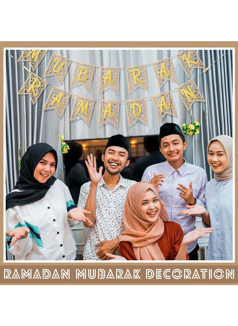 2 Pcs Eid Ramadan Mubarak Banner Wooden Ramadan Mubarak Decoration Rustic Bead Ramadan Decorations Banner Muslim Party Decor Supplies for Home Fireplace Indoor Outdoor (Gold Letter)