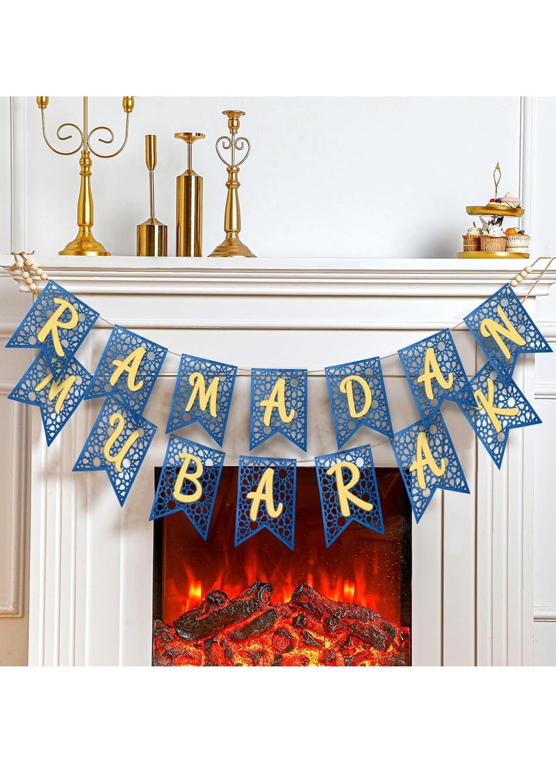 2 Pcs Eid Ramadan Mubarak Banner Wooden Ramadan Mubarak Decoration Rustic Bead Ramadan Decorations Banner Muslim Party Decor Supplies for Home Fireplace Indoor Outdoor (Blue Chip)