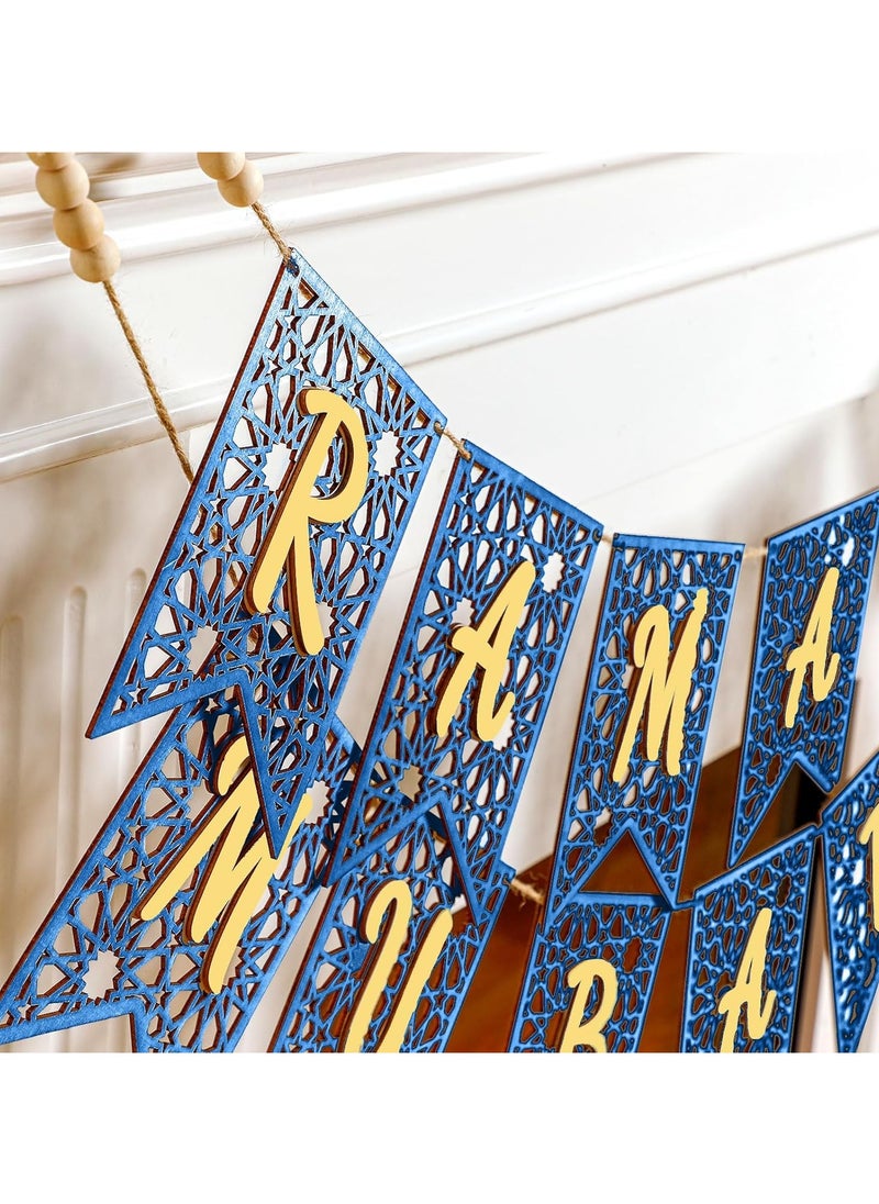 2 Pcs Eid Ramadan Mubarak Banner Wooden Ramadan Mubarak Decoration Rustic Bead Ramadan Decorations Banner Muslim Party Decor Supplies for Home Fireplace Indoor Outdoor (Blue Chip)