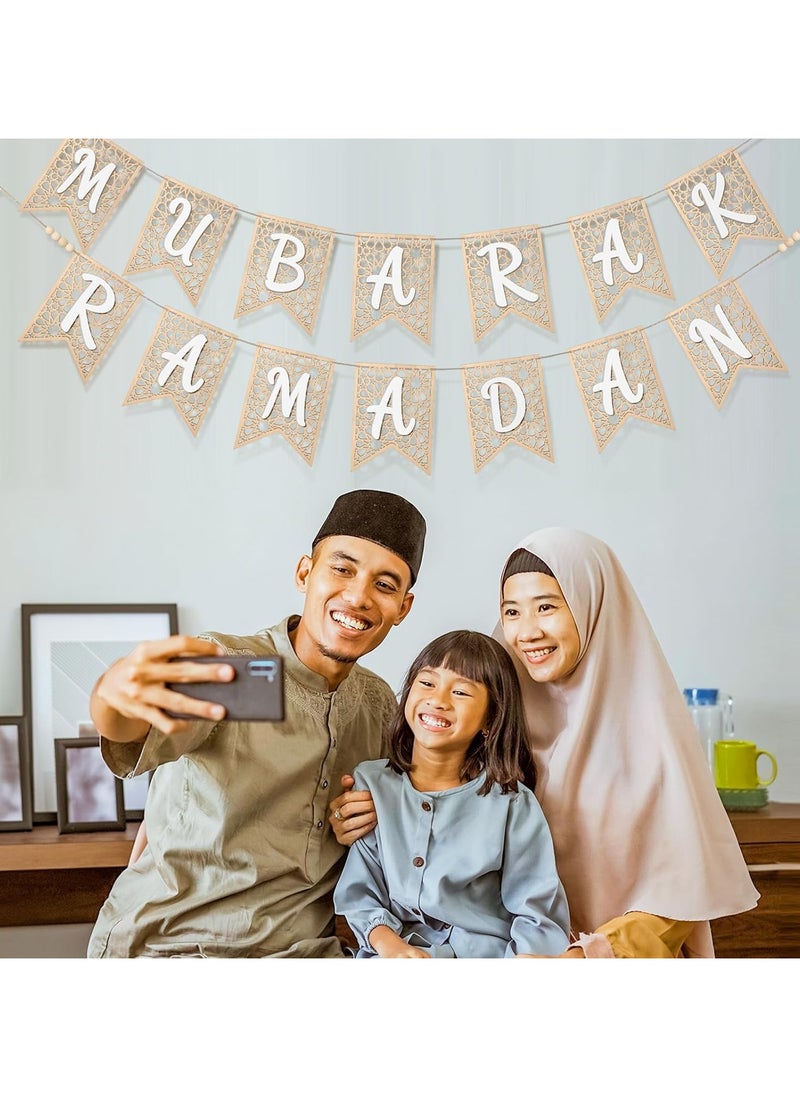 2 Pcs Eid Ramadan Mubarak Banner Wooden Ramadan Mubarak Decoration Rustic Bead Ramadan Decorations Banner Muslim Party Decor Supplies for Home Fireplace Indoor Outdoor (White Letter)