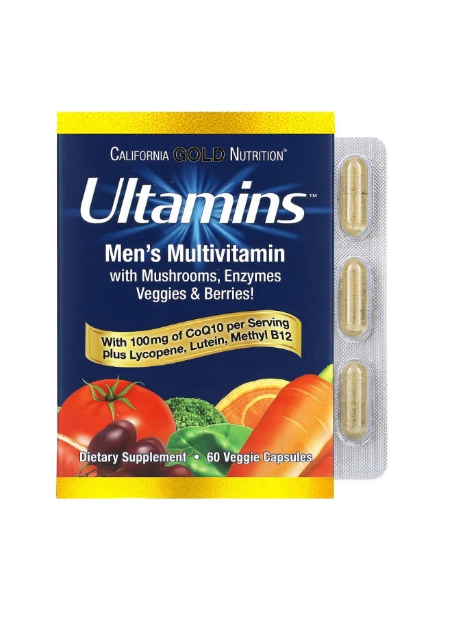 Ultamins Men's Multivitamin with CoQ10 Mushrooms Enzymes Veggies  Berries 60 Veggie Capsules