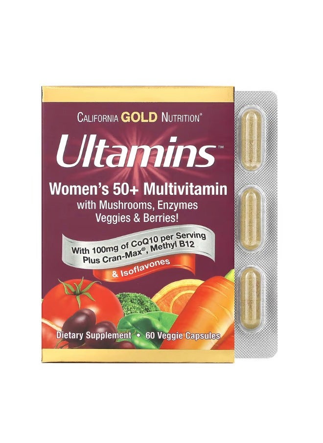 Ultamins Women's 50 Multivitamin with CoQ10 Mushrooms Enzymes Veggies  Berries 60 Veggie Capsules