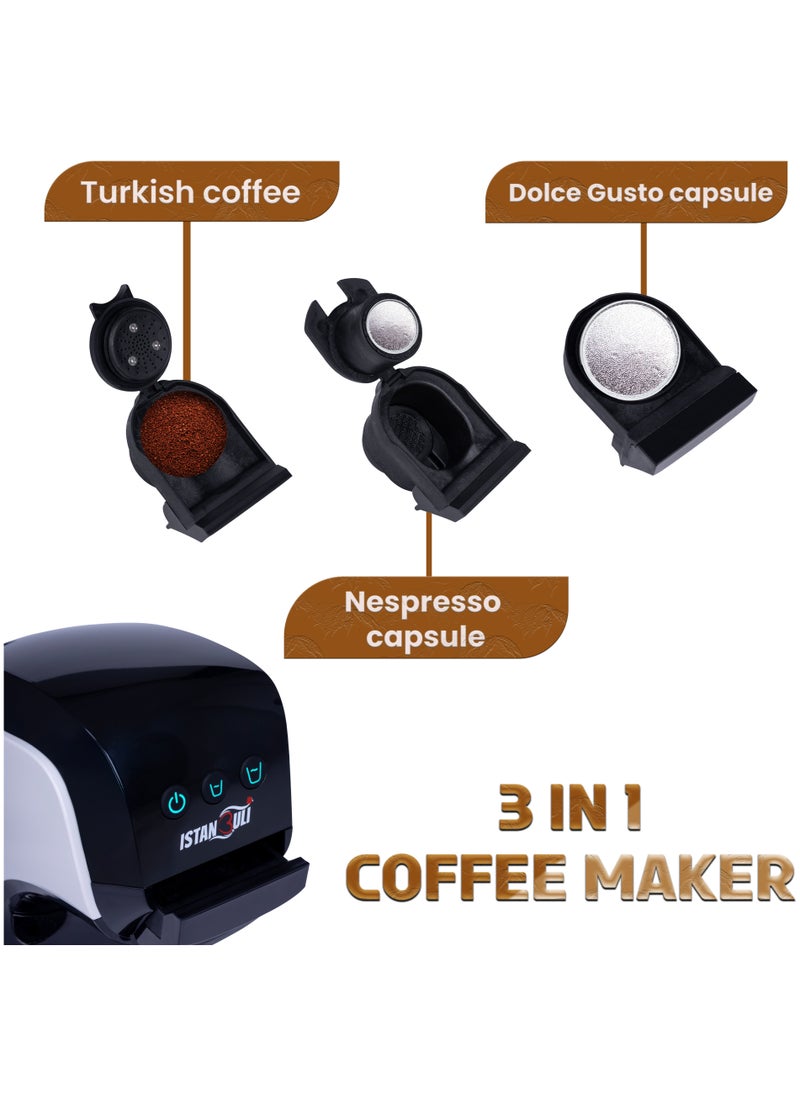 istanbuli 3 in1 pod coffee maker compatible with nespresso capsules , dolce gusto capsules , espresso, and turkish coffee powder, with a 19-bar pressure pump for rich crema and velvety foam