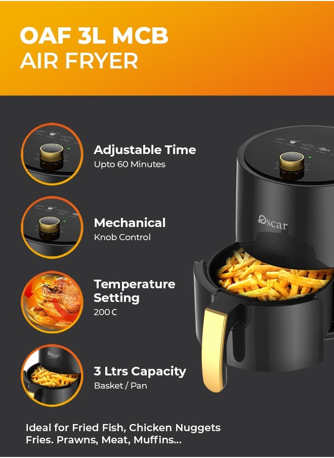 OSCAR | Hand Control Air Fryer | Model: OAF3LMCB | Foods with Less Oil | Rapid Air Recycling Technology | Even Cooking | Easy-to-Use Controls | Compact Design 3 Liters Capacity