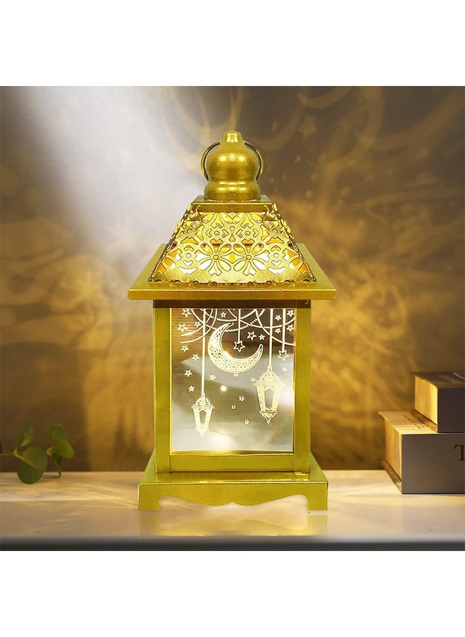 8in Large Ramadan Lantern with LED Candle, Warm White Ramadan Decorations Lights for Home, Gold Decorative Ramadan Lantern with Moon Star Light Pattern