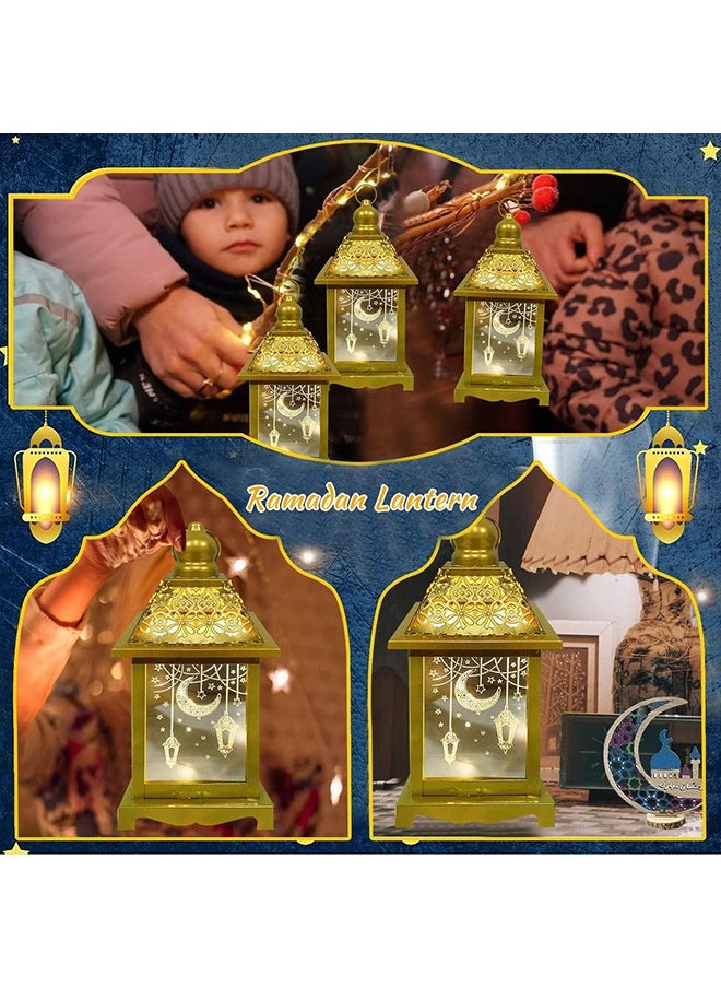 8in Large Ramadan Lantern with LED Candle, Warm White Ramadan Decorations Lights for Home, Gold Decorative Ramadan Lantern with Moon Star Light Pattern