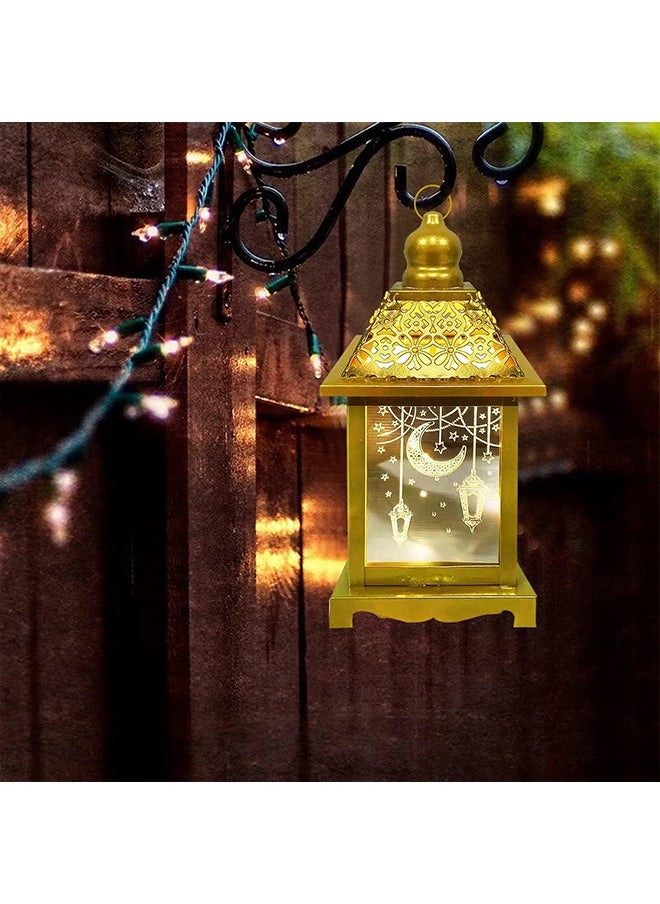 8in Large Ramadan Lantern with LED Candle, Warm White Ramadan Decorations Lights for Home, Gold Decorative Ramadan Lantern with Moon Star Light Pattern