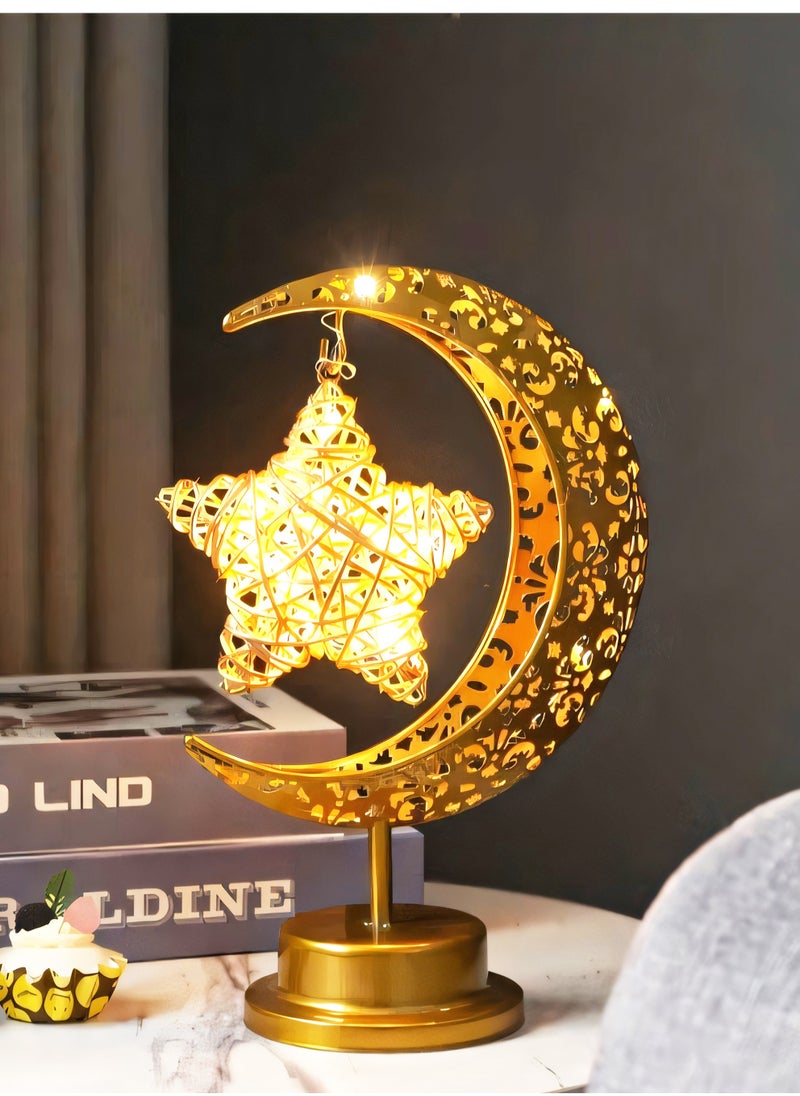 Ramadan Decorations LED Decorative Light Moon Star Table Lamp, Cordless Ramadan Moon Shape Desk Lamp, Bedside Table Night Light for Bedroom Dining Living Room Party Nursery Office Decor