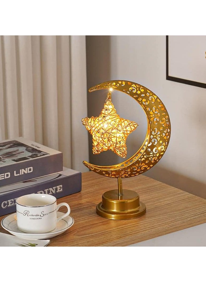 Ramadan Decorations LED Decorative Light Moon Star Table Lamp, Cordless Ramadan Moon Shape Desk Lamp, Bedside Table Night Light for Bedroom Dining Living Room Party Nursery Office Decor