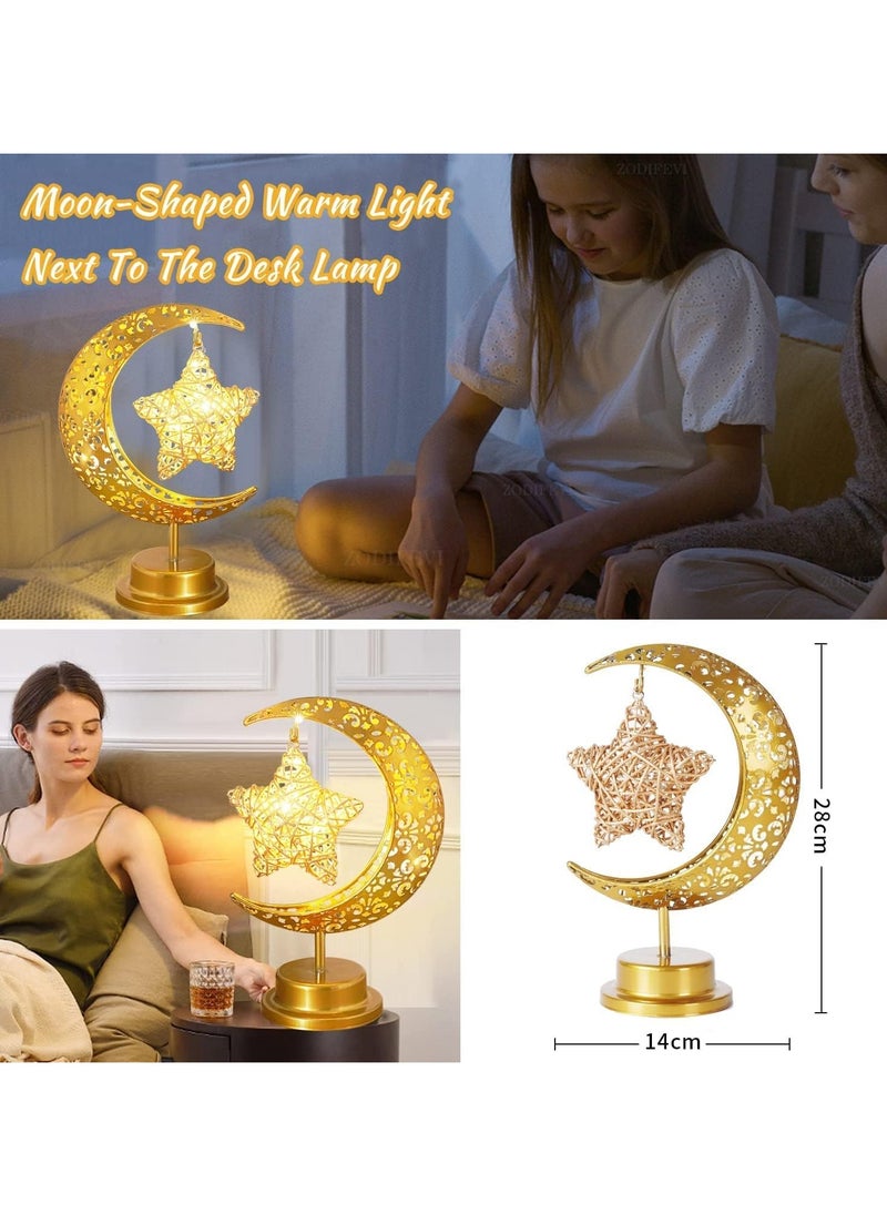 Ramadan Decorations LED Decorative Light Moon Star Table Lamp, Cordless Ramadan Moon Shape Desk Lamp, Bedside Table Night Light for Bedroom Dining Living Room Party Nursery Office Decor