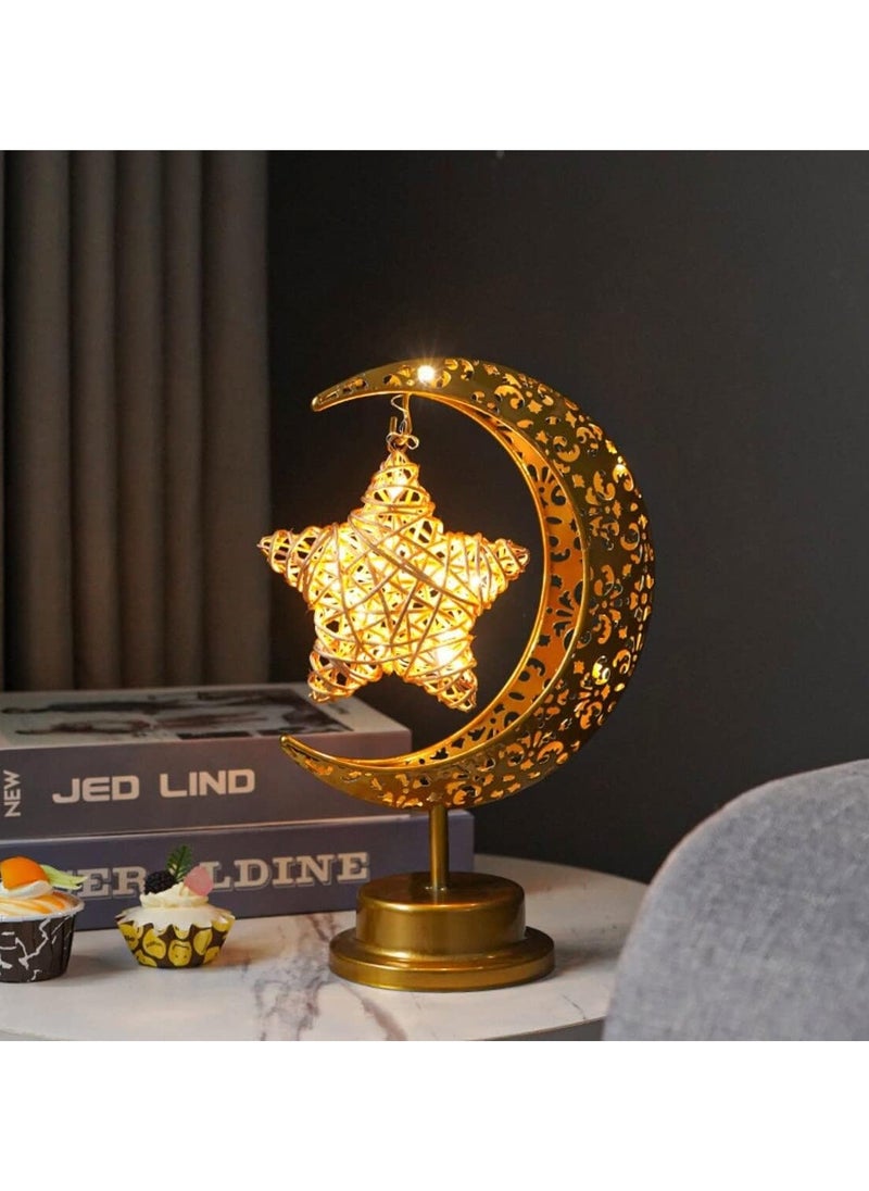 Ramadan Decorations LED Decorative Light Moon Star Table Lamp, Cordless Ramadan Moon Shape Desk Lamp, Bedside Table Night Light for Bedroom Dining Living Room Party Nursery Office Decor