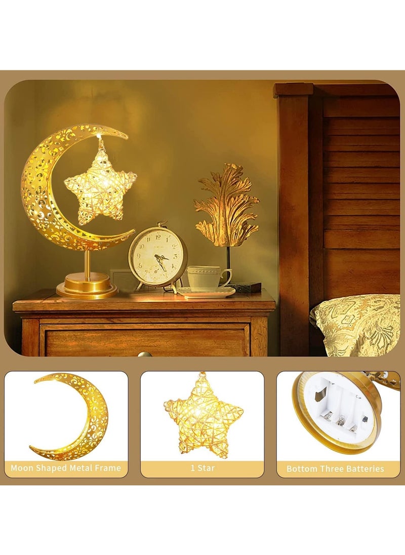 Ramadan Decorations LED Decorative Light Moon Star Table Lamp, Cordless Ramadan Moon Shape Desk Lamp, Bedside Table Night Light for Bedroom Dining Living Room Party Nursery Office Decor