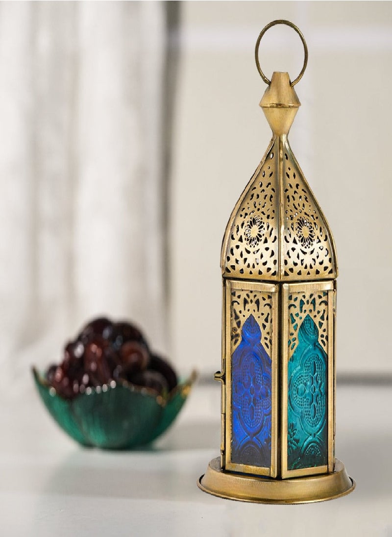 Hilalful Blue Chic Short Brass Antique Lantern Blue Turquoise Duo Glass, For Ramadan.