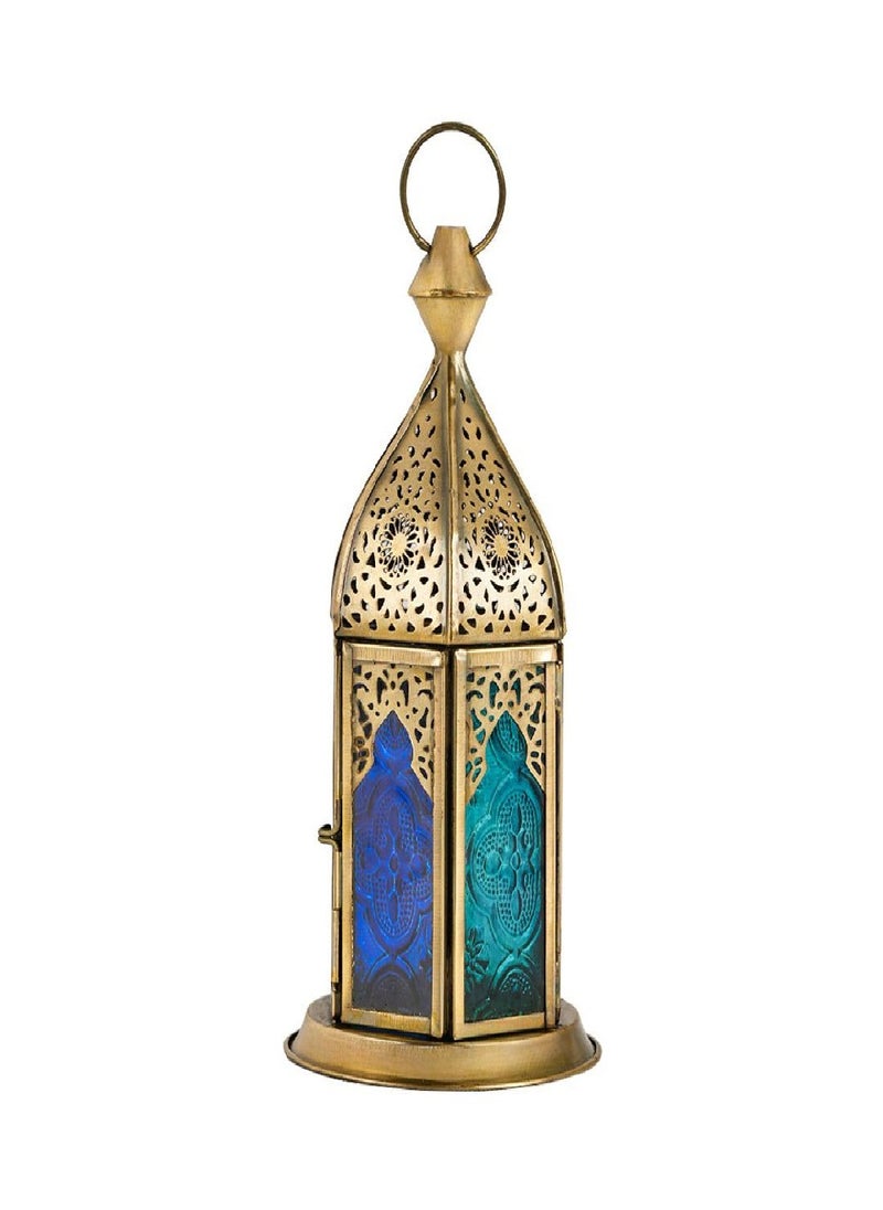 Hilalful Blue Chic Short Brass Antique Lantern Blue Turquoise Duo Glass, For Ramadan.