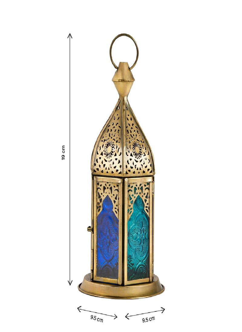 Hilalful Blue Chic Short Brass Antique Lantern Blue Turquoise Duo Glass, For Ramadan.