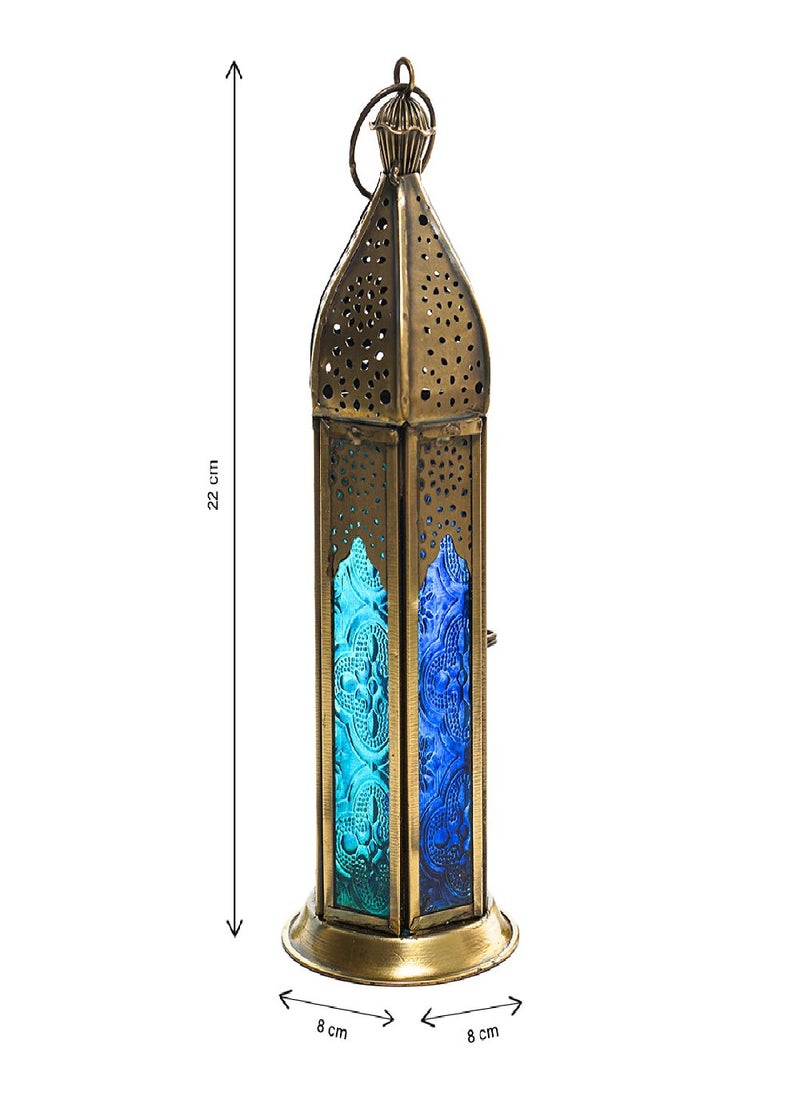 Hilalful Blue Chic Tall Brass Antique Lantern Blue Turquoise Duo Glass, For Ramadan.