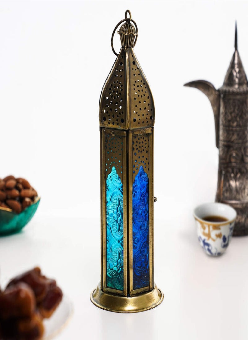 Hilalful Blue Chic Tall Brass Antique Lantern Blue Turquoise Duo Glass, For Ramadan.