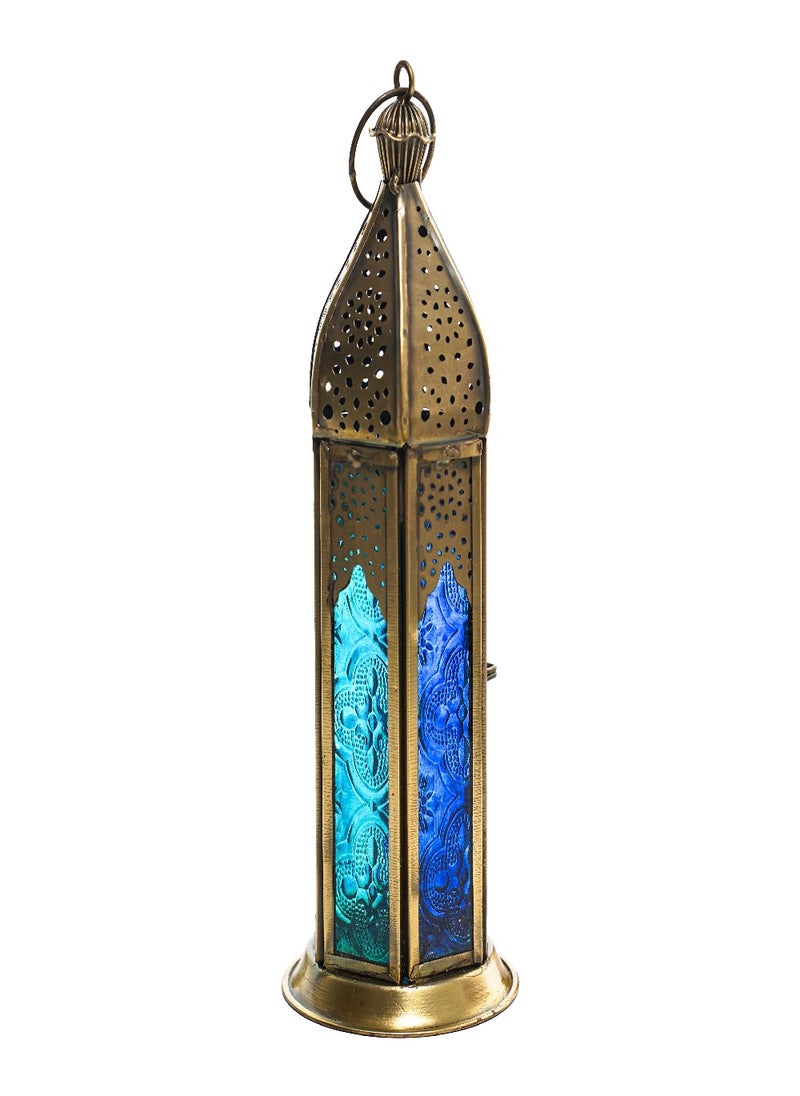 Hilalful Blue Chic Tall Brass Antique Lantern Blue Turquoise Duo Glass, For Ramadan.