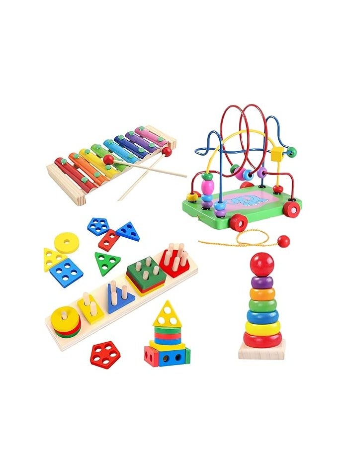 4 IN 1 WOODEN Early Education Baby Toys, (Sorting & Stacking Toys + Piano Xylophone + Bead Maze Roller Coaster + Color Balls Sorting) Toddlers Montessori Wooden Toys for Boys Girls