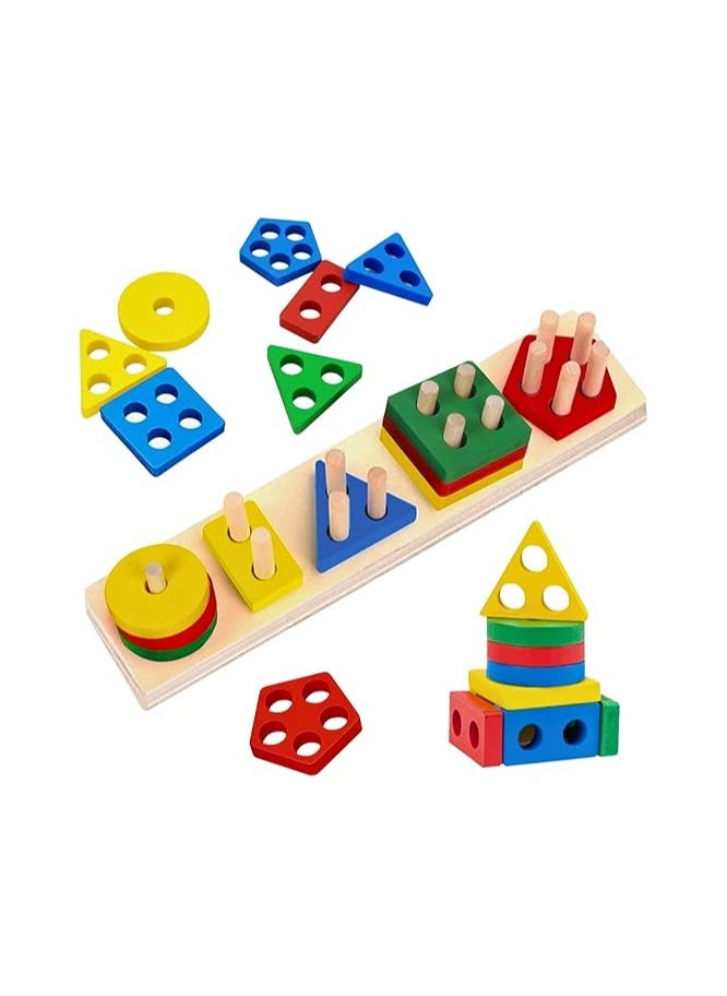 4 IN 1 WOODEN Early Education Baby Toys, (Sorting & Stacking Toys + Piano Xylophone + Bead Maze Roller Coaster + Color Balls Sorting) Toddlers Montessori Wooden Toys for Boys Girls