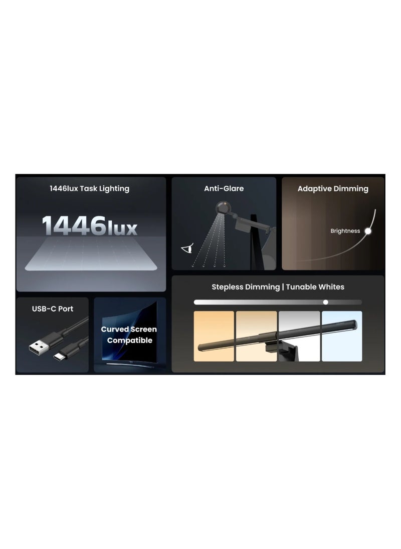Yeelight Pura Monitor Light Bar Pro | 1446lux Task Lighting | USB-C Port | Curved Screen Compatible | Black
