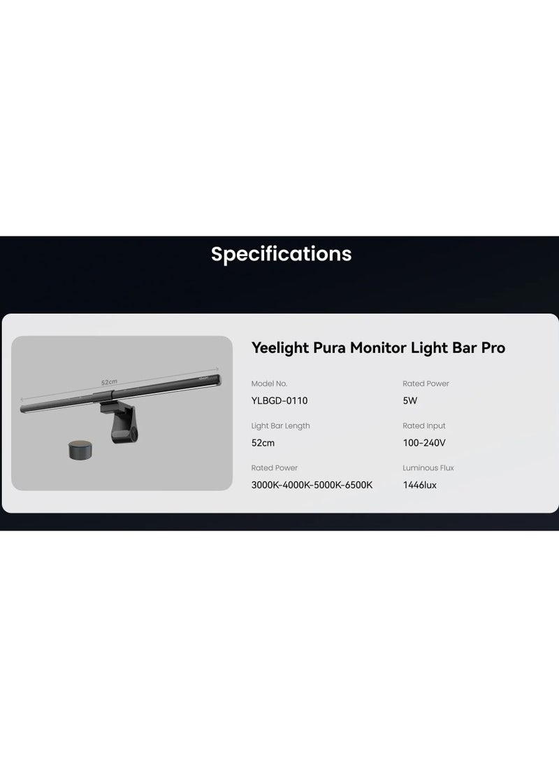 Yeelight Pura Monitor Light Bar Pro | 1446lux Task Lighting | USB-C Port | Curved Screen Compatible | Black
