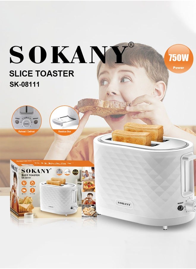 Toaster 2 Slices, 750w Toasters Wide Slot, Bread Toaster with Reheat,  Defrost Function, Toaster with Removable Tray & 7 Temperature Settings, White,SK-08111