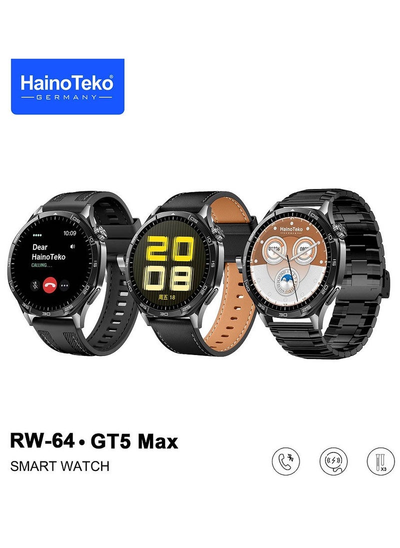 Haino Teko RW-64 GT5 Max Smartwatch With Large Screen AMOLED Display Voice Assistant and 3 Pair Straps Designed For Men Black