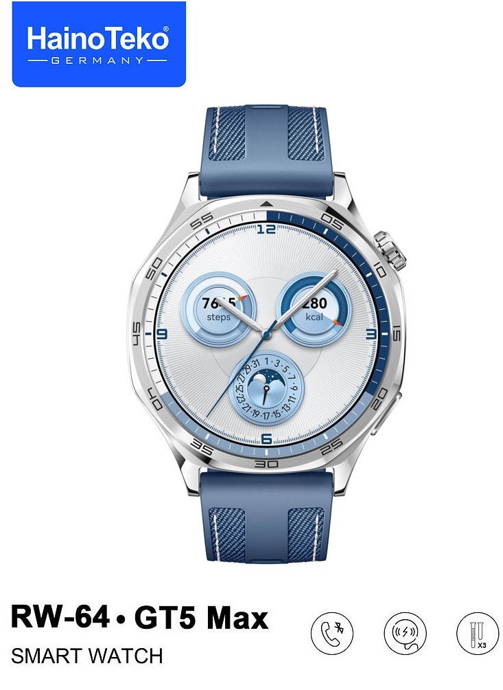 Haino Teko RW-64 GT5 Max Smartwatch With Large Screen AMOLED Display Voice Assistant and 3 Pair Straps Designed For Men Blue