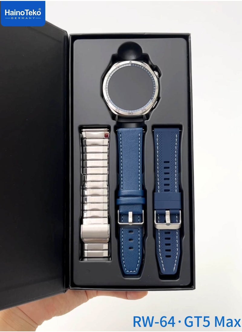 Haino Teko RW-64 GT5 Max Smartwatch With Large Screen AMOLED Display Voice Assistant and 3 Pair Straps Designed For Men Blue